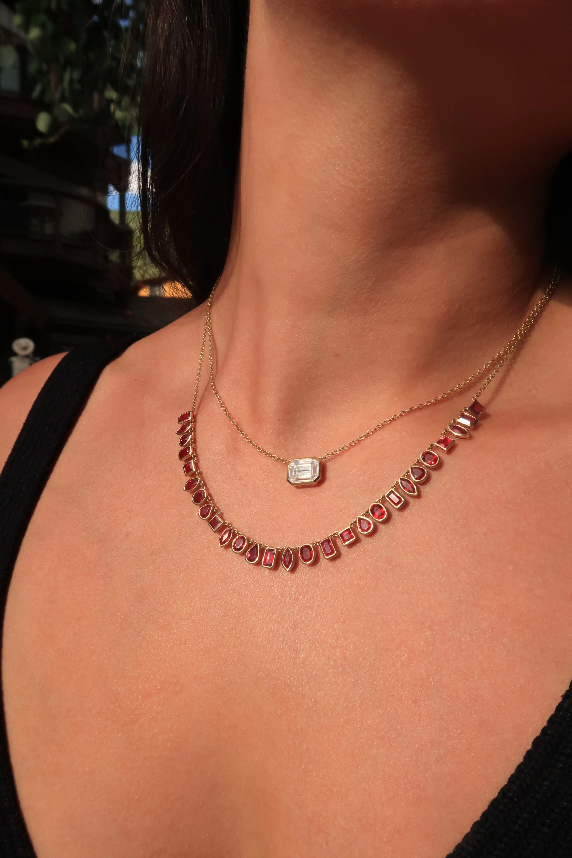 “Passion" Ruby Mix Shape Fringe Necklace “Passion" Ruby Mix Shape Fringe Necklace Ruchi New York Ruchi New York  Squash Blossom Vail