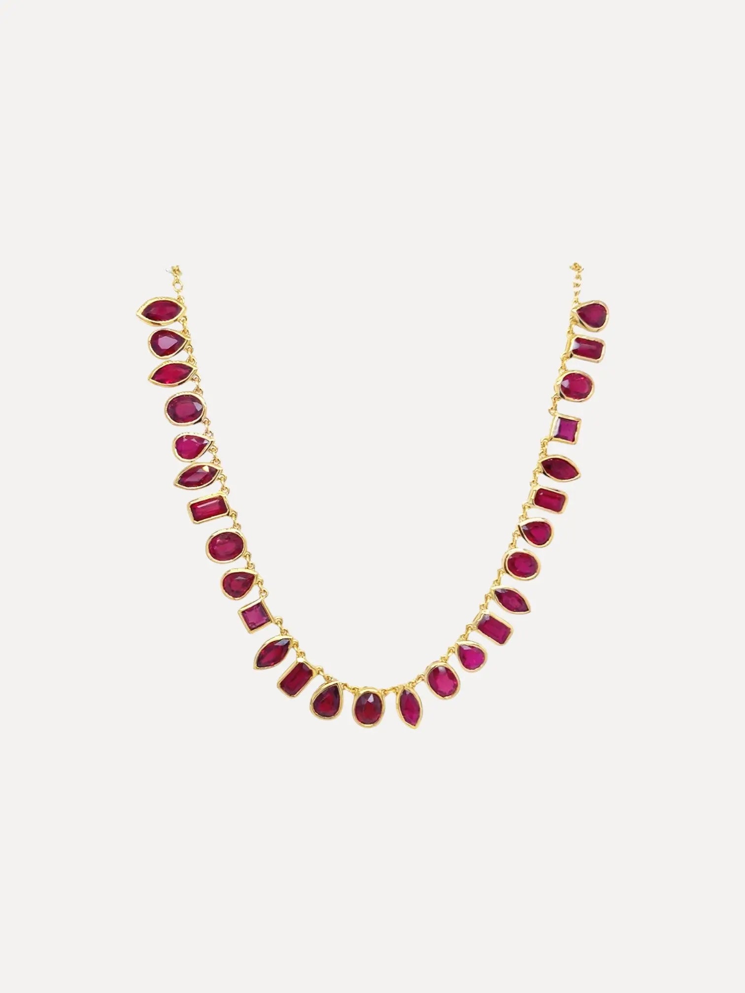 “Passion" Ruby Mix Shape Fringe Necklace “Passion" Ruby Mix Shape Fringe Necklace Ruchi New York Ruchi New York  Squash Blossom Vail