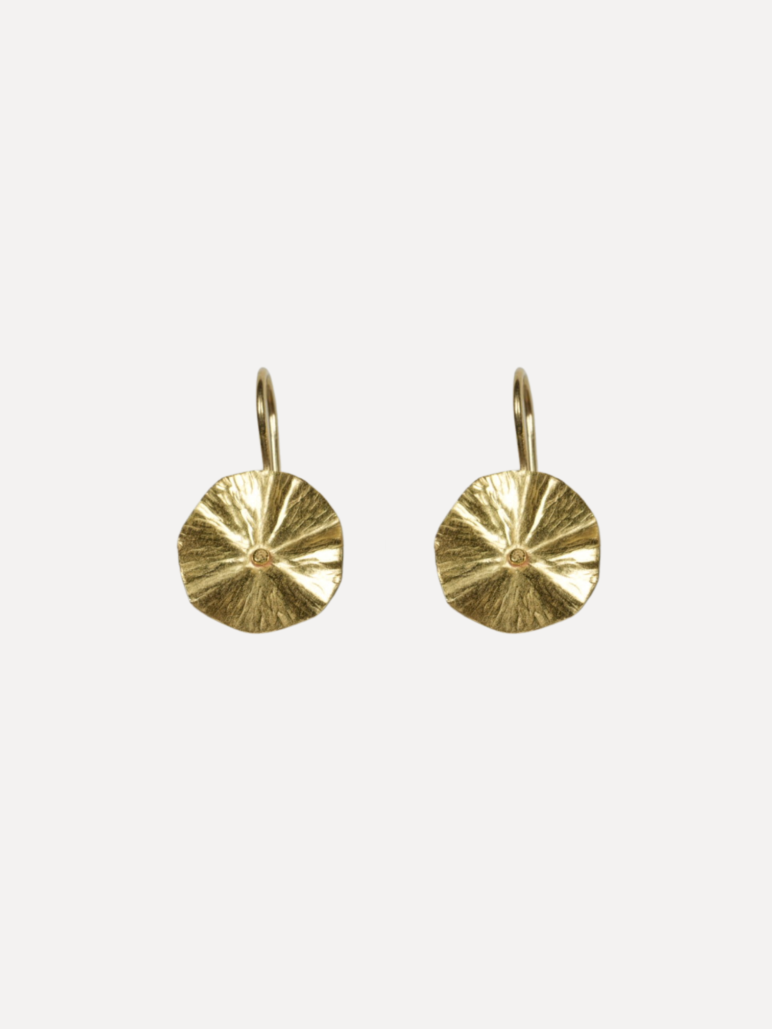 Pair of gold earrings on a light beige background
