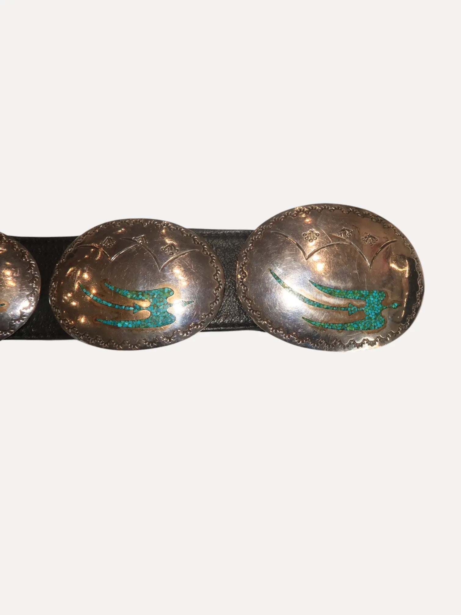 Peyote Bird or Water Bird Chip-Inlay belt by Tommy Singer Peyote Bird or Water Bird Chip-Inlay belt by Tommy Singer Native American Collection Native American Collection  Squash Blossom Vail