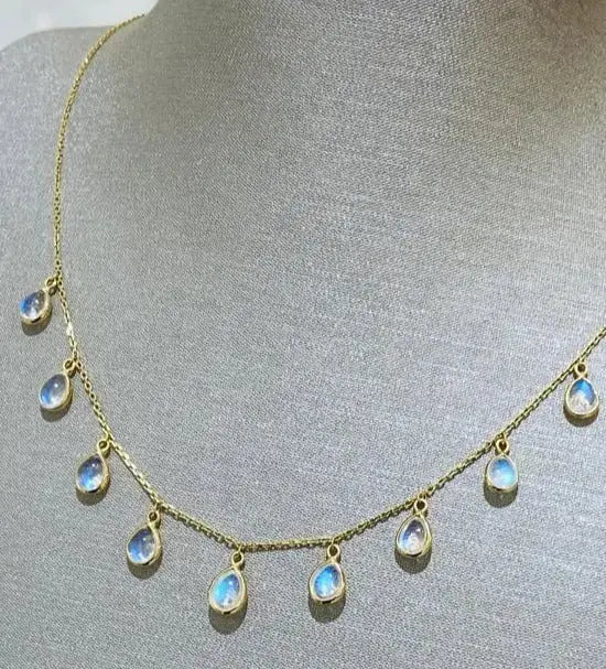 Rainbow Moonstone P/S Necklace In 18K Yellow Gold - Squash Blossom Vail
