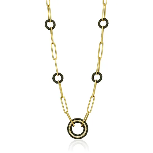 From Sarah Graham's Ridge Collection, the new ridge wheel link 16mm with .35 ct pave set white diamonds on 18k yellow gold paperclip chain with six small cobalt chr