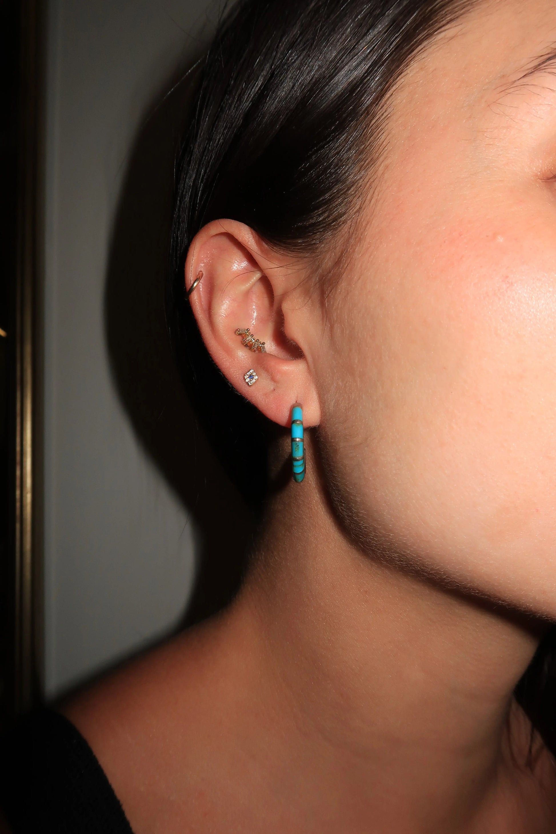 Rounded Inlaid Turquoise Half Hoops Rounded Inlaid Turquoise Half Hoops Native American Collection Native American Collection  Squash Blossom Vail