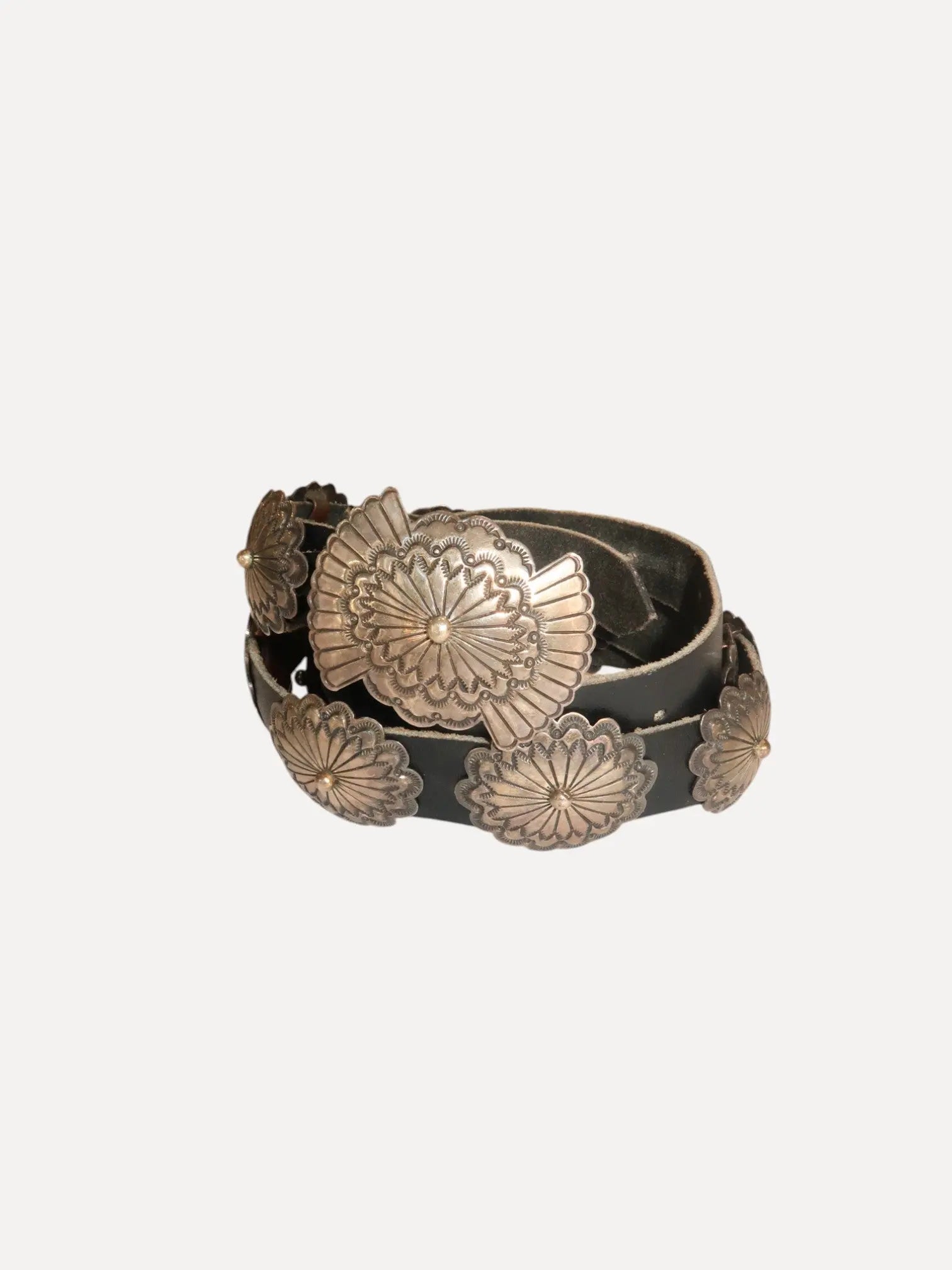 Silver Concho belt on leather. Stamped IL Silver Concho belt on leather. Stamped IL Native American Collection Native American Collection  Squash Blossom Vail