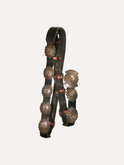 Silver Concho belt on leather. Stamped IL Silver Concho belt on leather. Stamped IL Native American Collection Native American Collection  Squash Blossom Vail