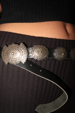 Silver Concho belt on leather. Stamped IL Silver Concho belt on leather. Stamped IL Native American Collection Native American Collection  Squash Blossom Vail