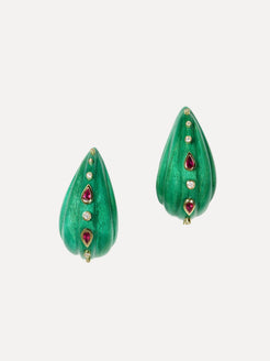 Pair of green teardrop earrings with red and gold accents on a white background