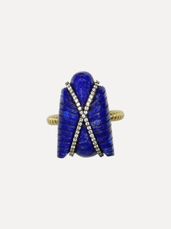Blue stone ring with gold and silver accents on a white background. Silvia Furmonavich Egypt Fly Ring