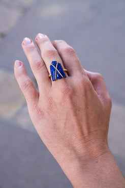 Hand wearing a blue and gold ring with a blurred background. Silvia Furmonavich Egypt Fly Ring