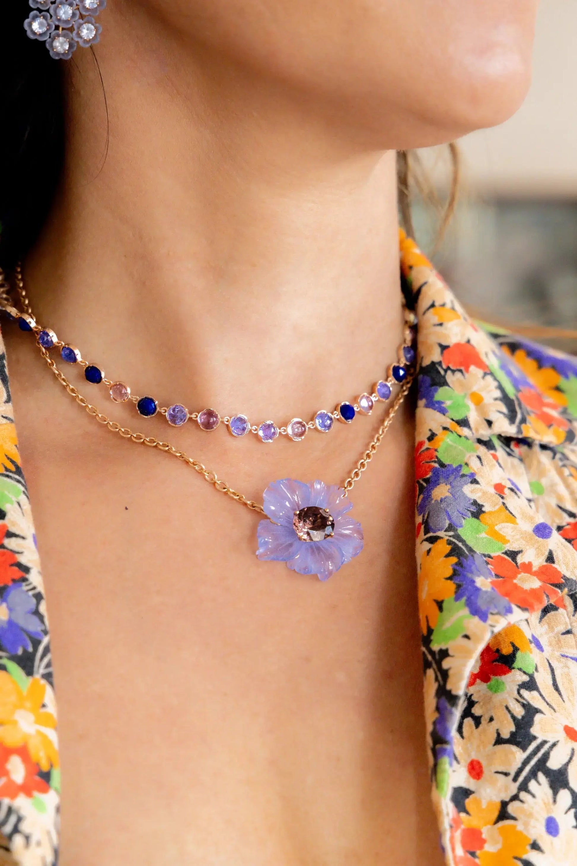 Classic 5mm lapis, tanzanite, rose of France Necklace Classic 5mm lapis, tanzanite, rose of France Necklace Irene Neuwirth Irene Neuwirth  Squash Blossom Vail