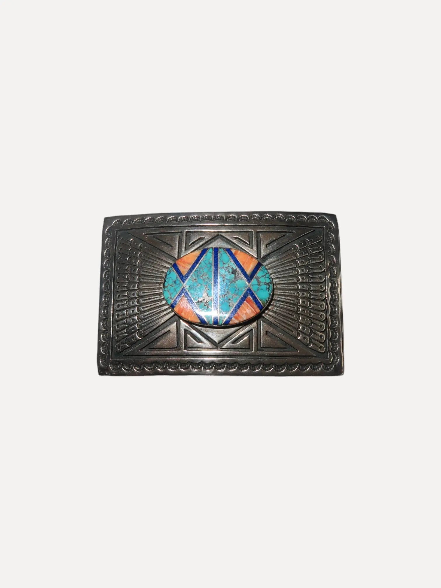 Stamped Buckle with Inlay. TQ, Spiny and Lapis Stamped Buckle with Inlay. TQ, Spiny and Lapis Steven Whitfield Steven Whitfield  Squash Blossom Vail