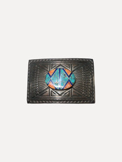 Stamped Buckle with Inlay. TQ, Spiny and Lapis Stamped Buckle with Inlay. TQ, Spiny and Lapis Steven Whitfield Steven Whitfield  Squash Blossom Vail