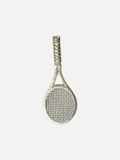 Silver tennis racket pendant on a white background
