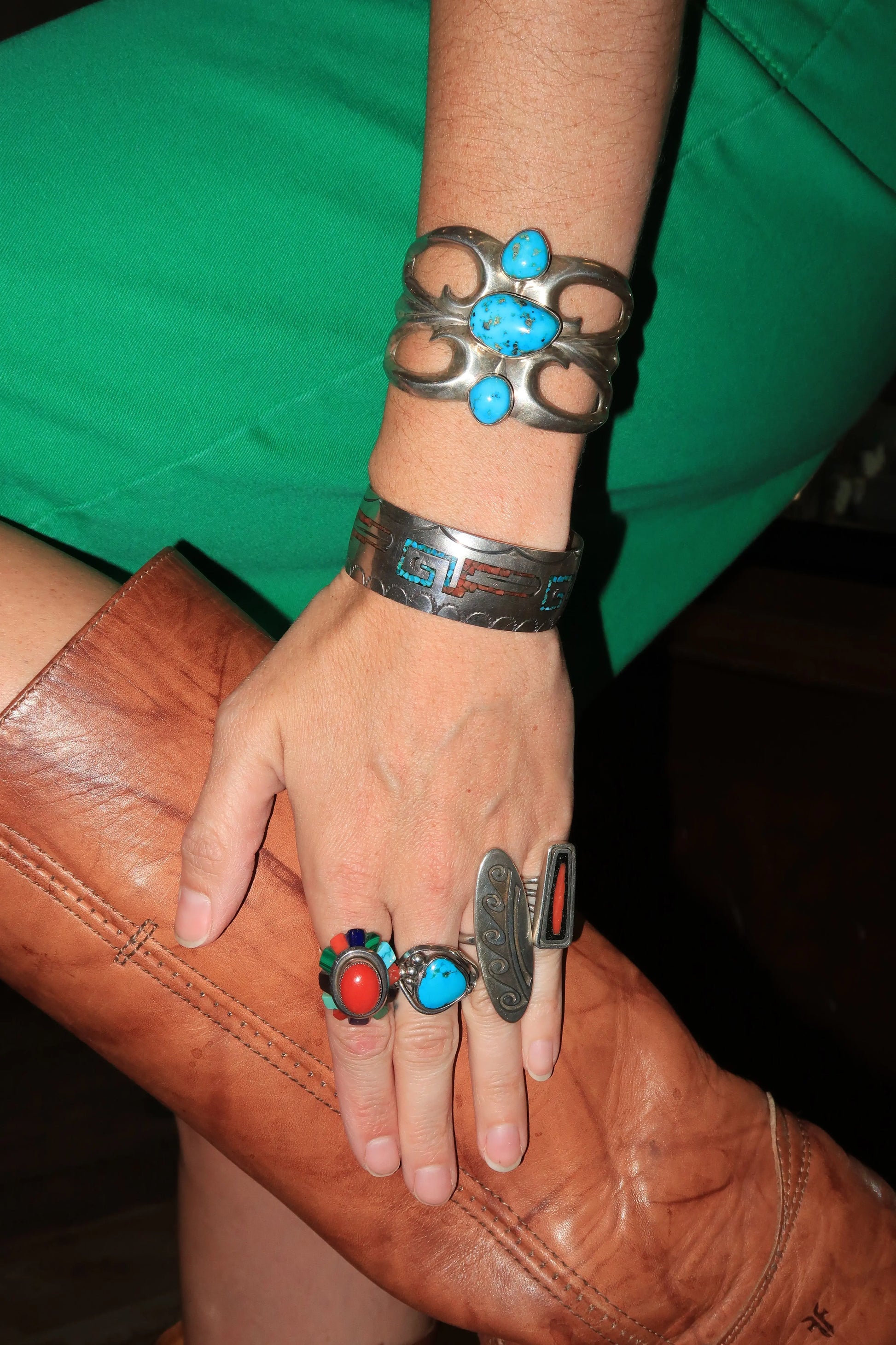 Tufa cast Cuff 3 Turquoise Stones Tufa cast Cuff 3 Turquoise Stones Native American Collection Native American Collection  Squash Blossom Vail