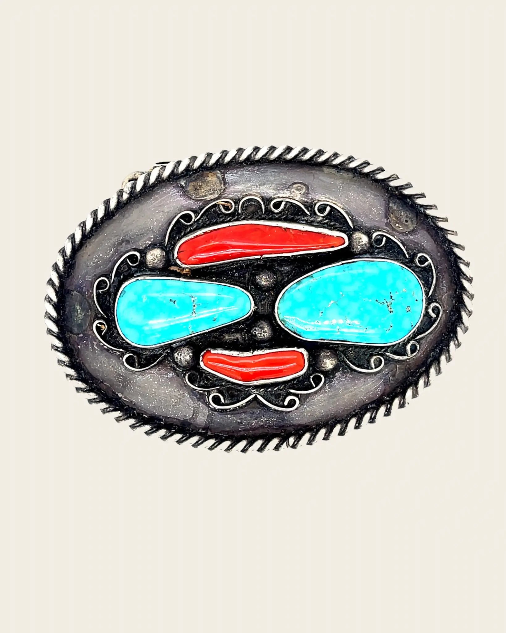 Turquoise and Coral Belt Buckle and Tip Turquoise and Coral Belt Buckle and Tip Vintage at the Squash Blossom Vintage at the Squash Blossom  Squash Blossom Vail