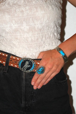 Unicorn belt buckle with TQ chip inlay Unicorn belt buckle with TQ chip inlay Native American Collection Native American Collection  Squash Blossom Vail