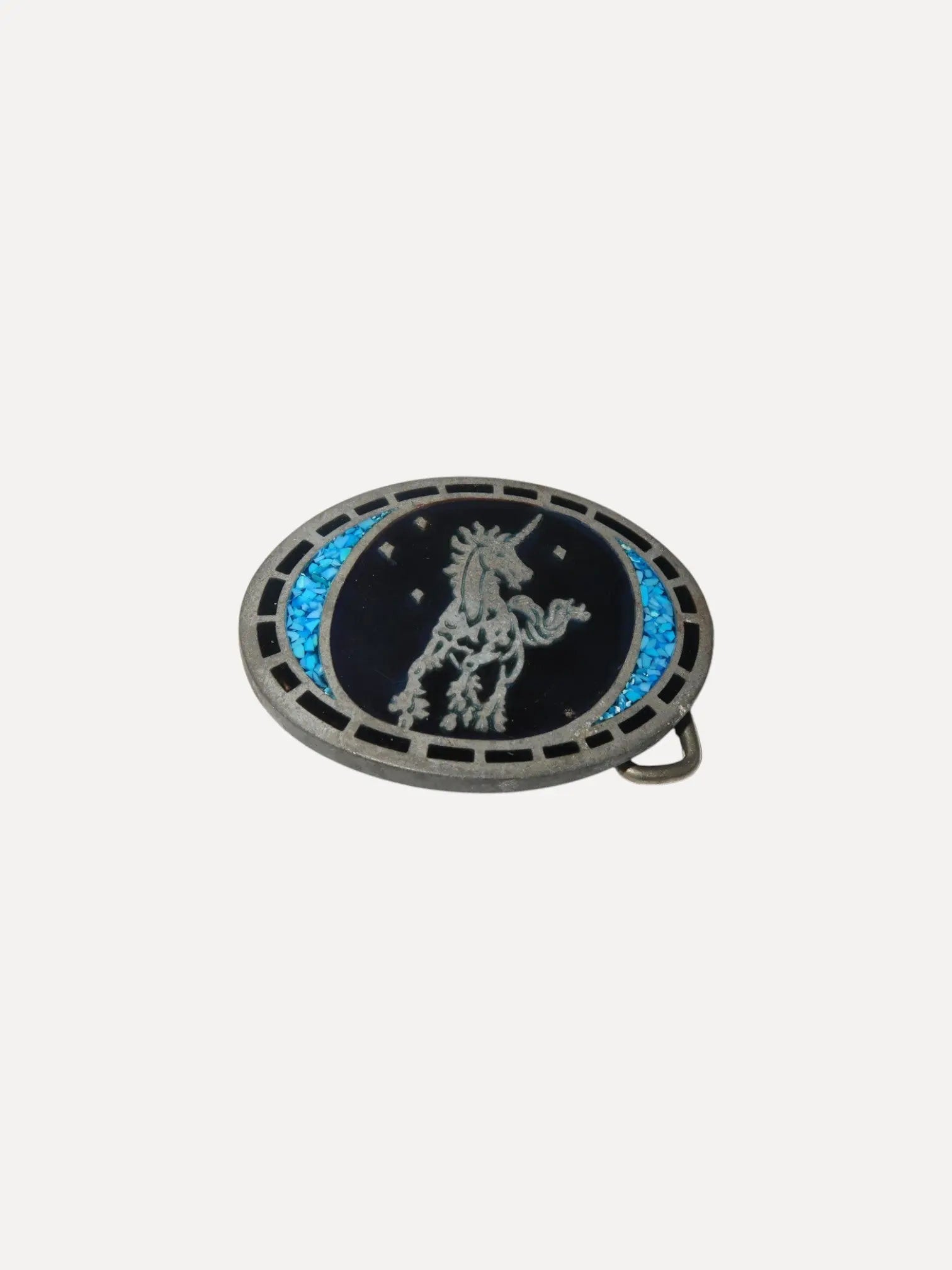 Unicorn belt buckle with TQ chip inlay Unicorn belt buckle with TQ chip inlay Native American Collection Native American Collection  Squash Blossom Vail