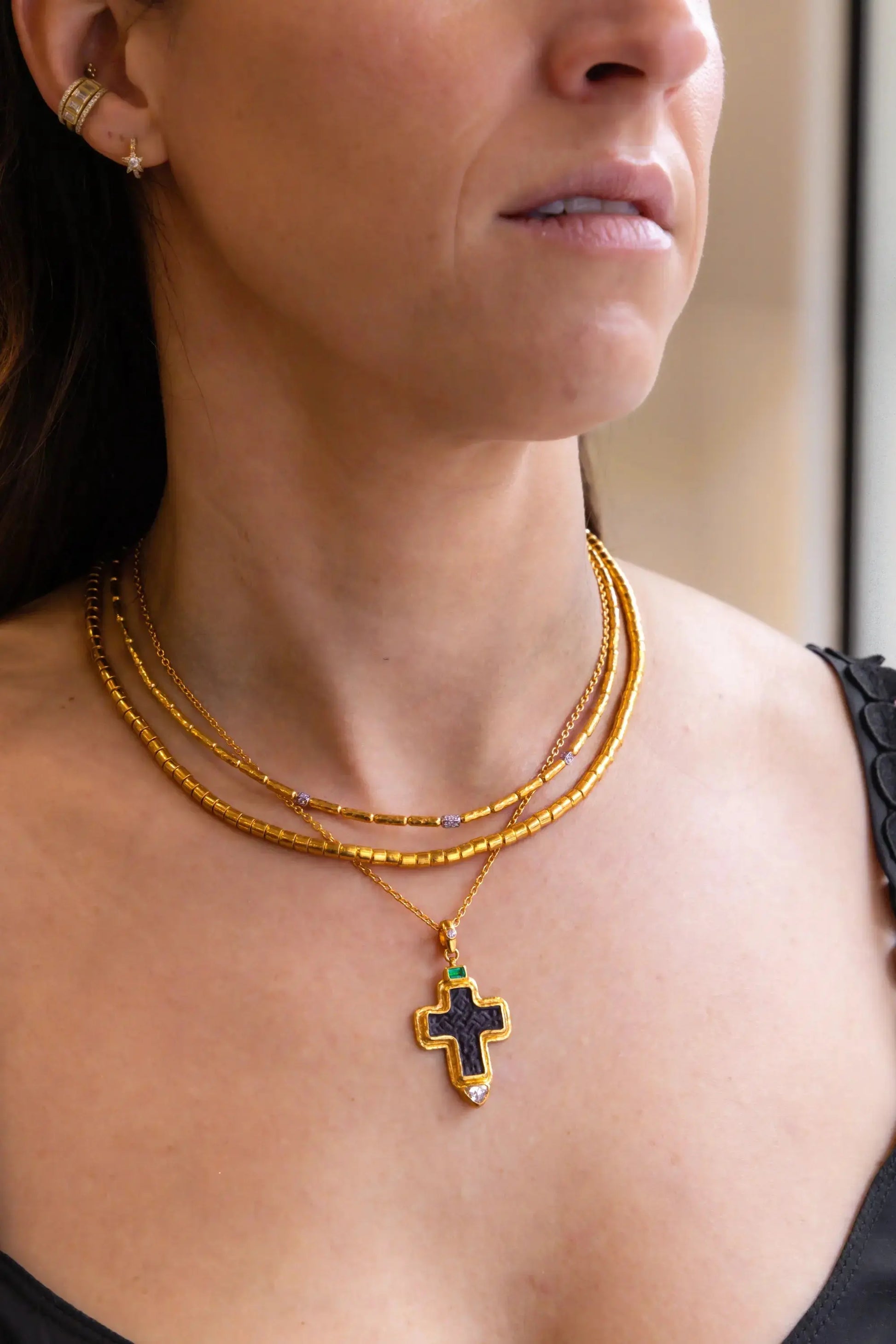 GURHAN Vertigo Gold Single Strand Short Necklace, 3.5mm Smooth Beads, with Diamond - Squash Blossom Vail