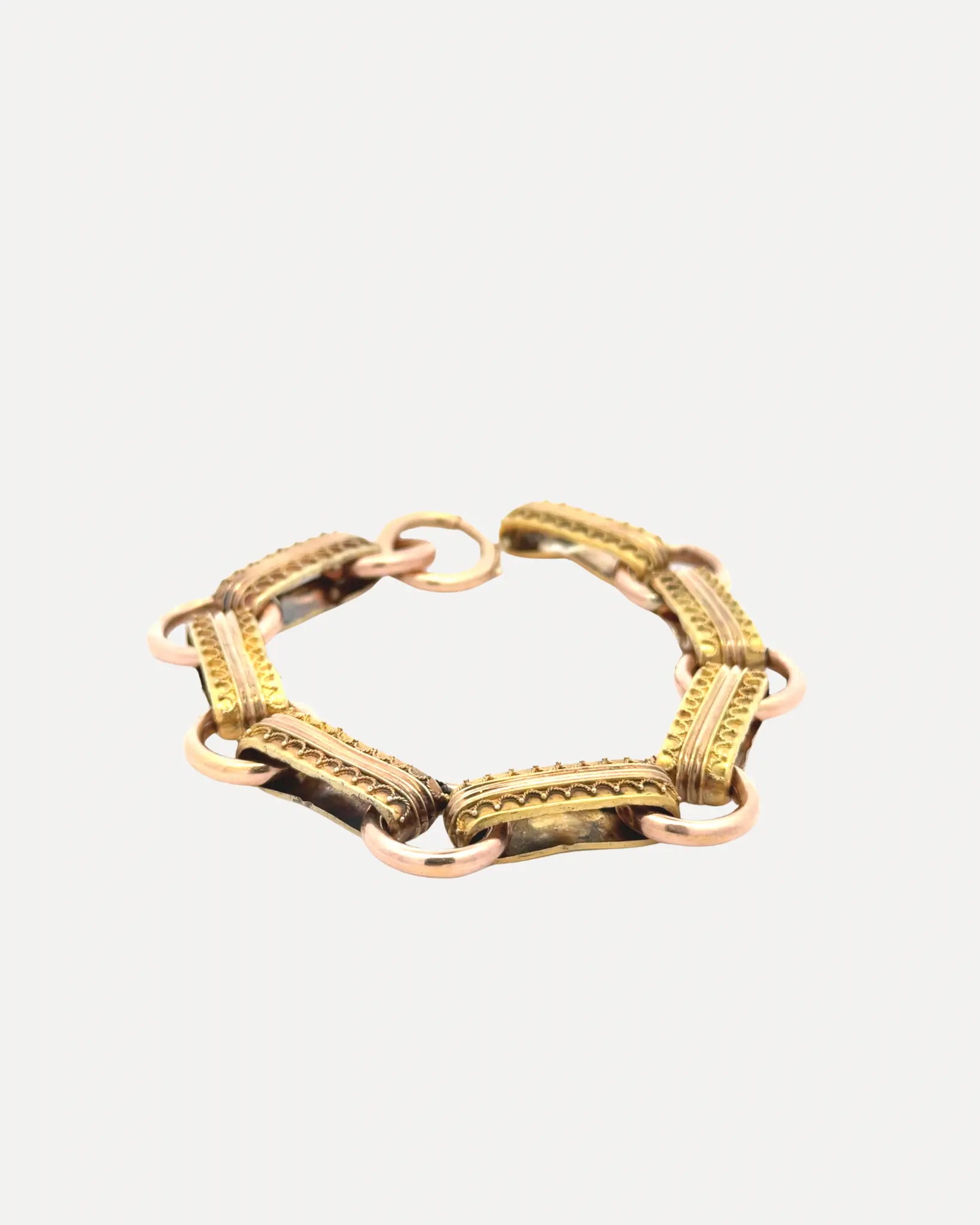 A Victorian Granulation Bar Link Gold Chain Bracelet by Squash Blossom