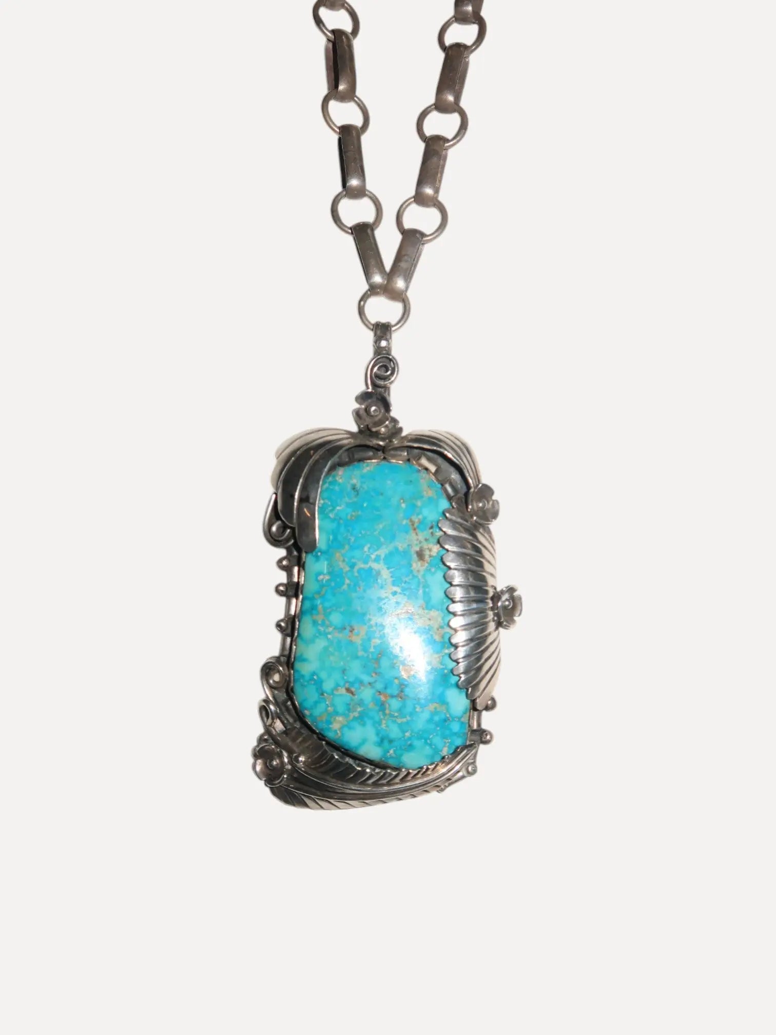 Vintage Sterling & Turquoise Necklace, Great Stone, Handmade Chain Vintage Sterling & Turquoise Necklace, Great Stone, Handmade Chain Native American Collection Native American Collection  Squash Blossom Vail