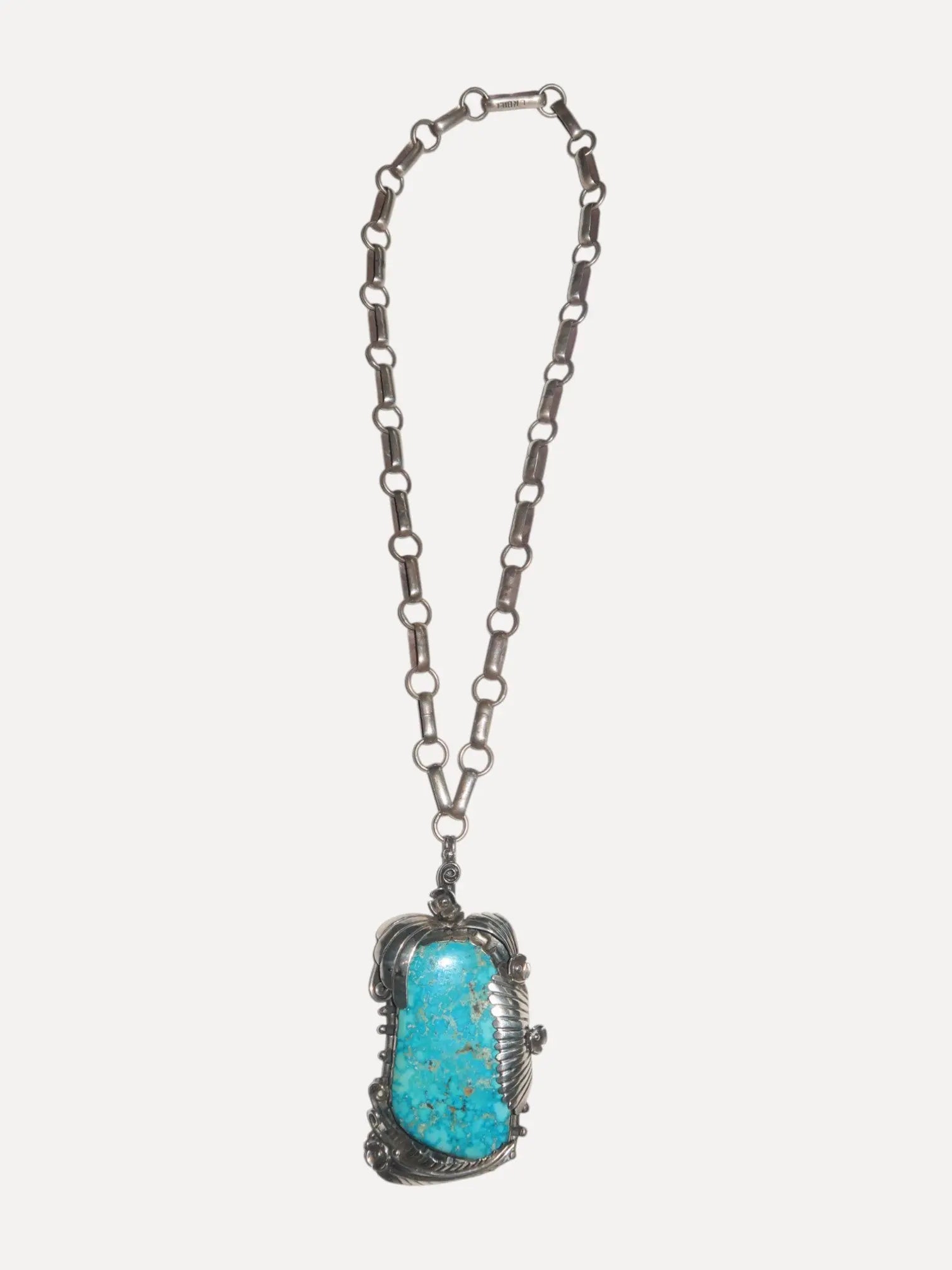Vintage Sterling & Turquoise Necklace, Great Stone, Handmade Chain Vintage Sterling & Turquoise Necklace, Great Stone, Handmade Chain Native American Collection Native American Collection  Squash Blossom Vail