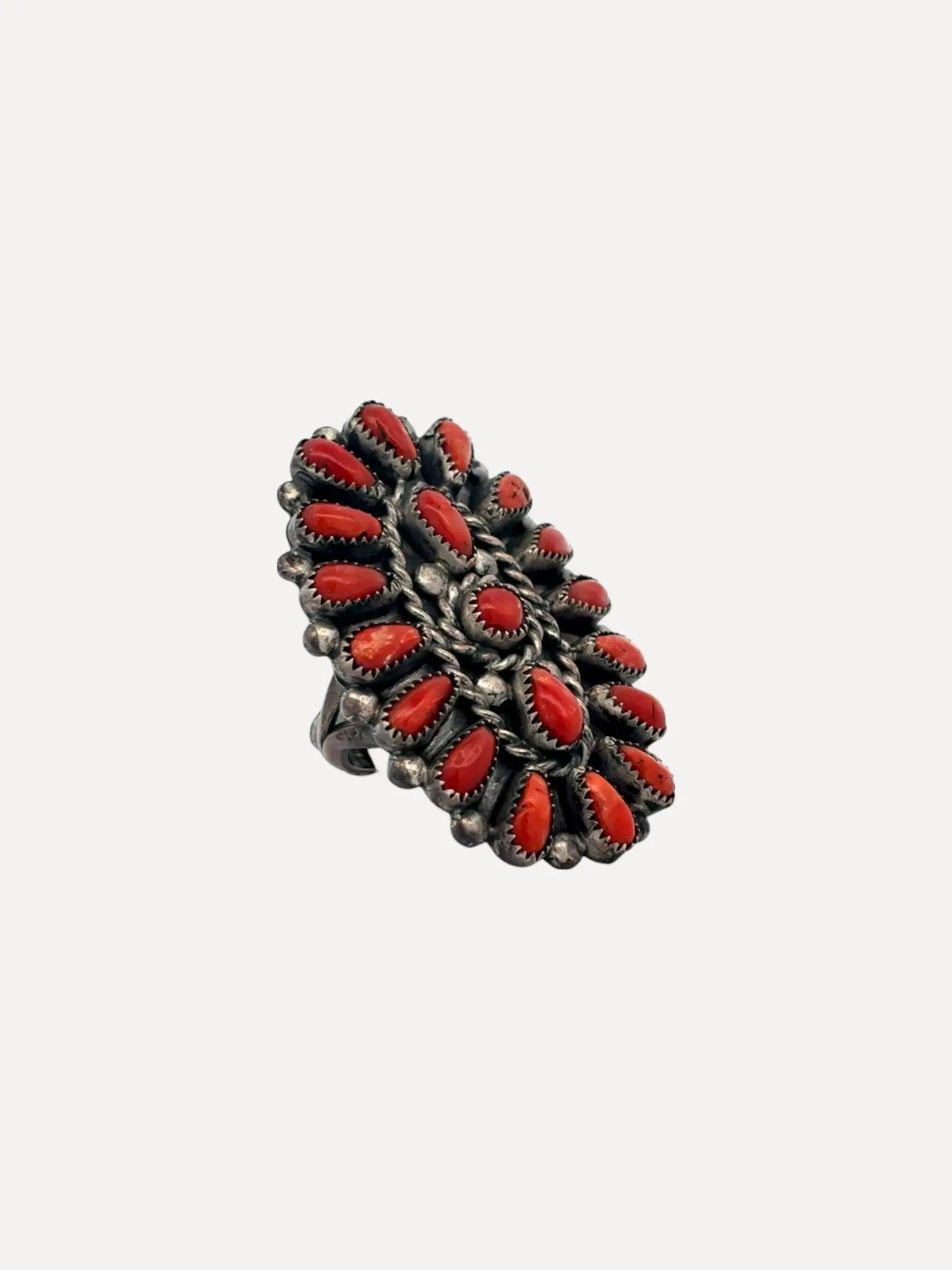 Zuni Coral Ring, 19 Stones Zuni Coral Ring, 19 Stones Squash Blossom Vail Squash Blossom Vail  Squash Blossom Vail