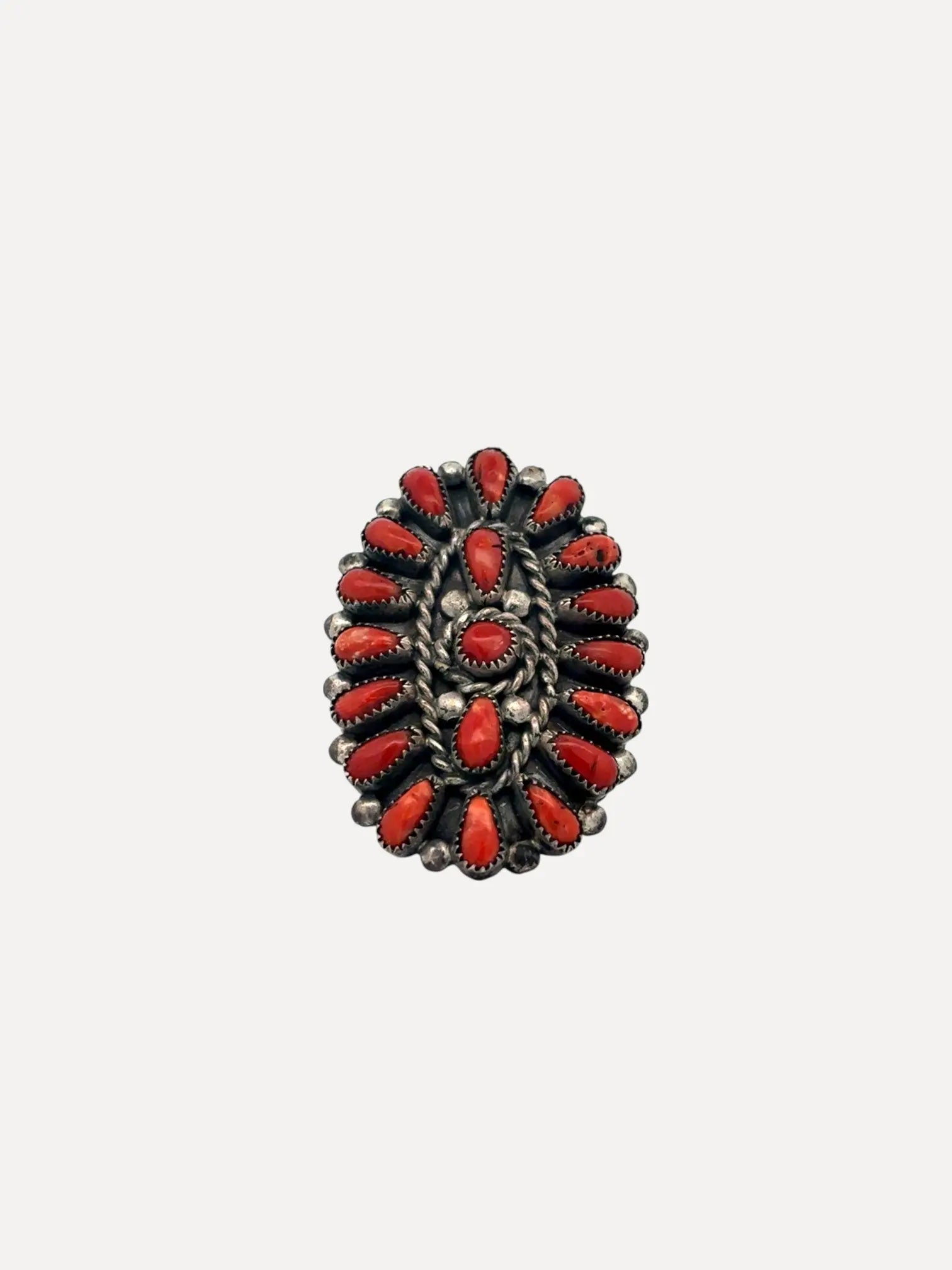 Zuni Coral Ring, 19 Stones Zuni Coral Ring, 19 Stones Squash Blossom Vail Squash Blossom Vail  Squash Blossom Vail