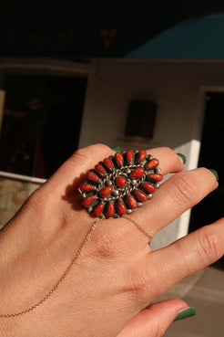 Zuni Coral Ring, 19 Stones Zuni Coral Ring, 19 Stones Squash Blossom Vail Squash Blossom Vail  Squash Blossom Vail