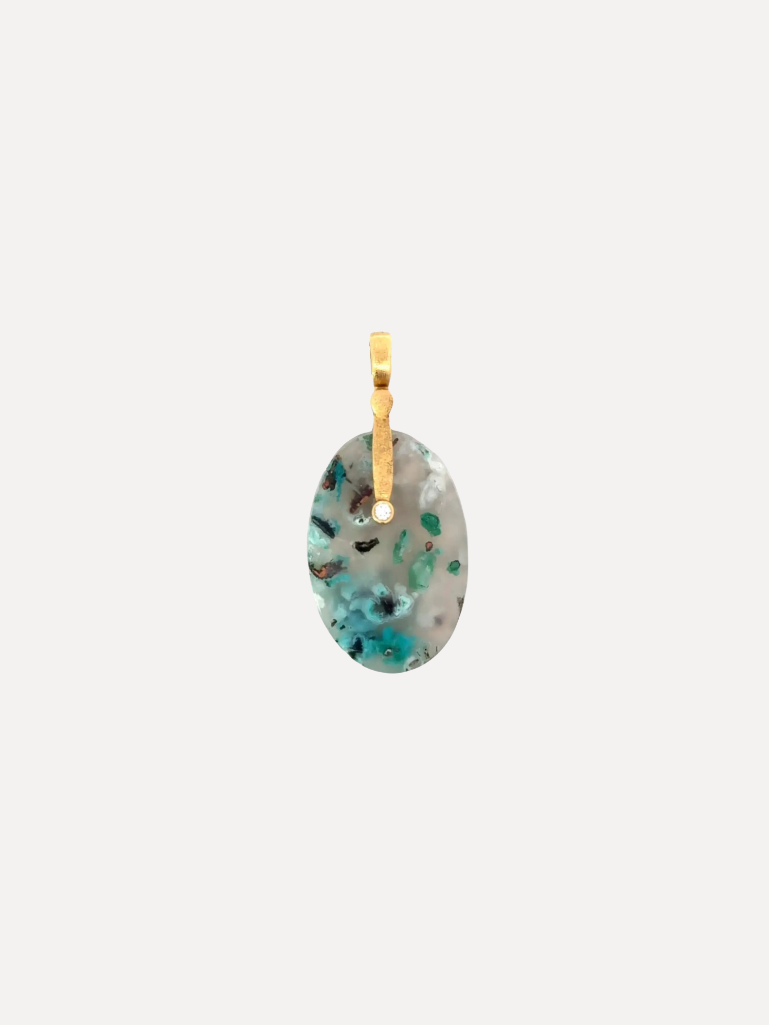 An oval pendant featuring a marbled pattern of teal, green, and gray, suspended from a gold bail, shown against a solid light gray background.