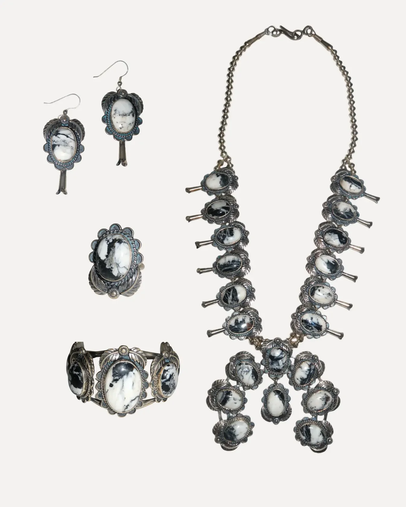 White Buffalo Squash Blossom Set by Kenny Ray McNeilly Jr. White Buffalo Squash Blossom Set by Kenny Ray McNeilly Jr. Native American Collection Native American Collection  Squash Blossom Vail