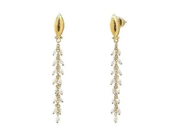 Dew Pearl Gold Stiletto Earrings, Dangling, with Pearl - Squash Blossom Vail