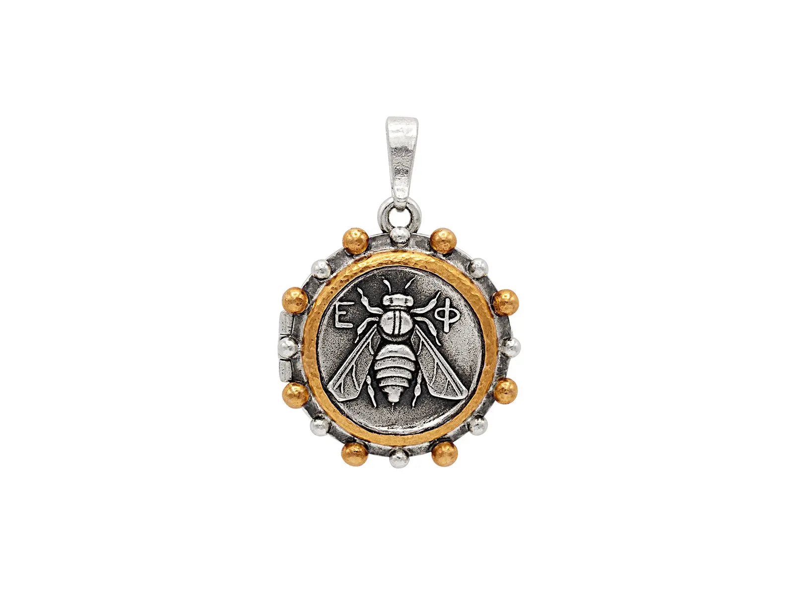 Bee Pendant in Sterling Silver with 24k Gold Bonded with Bee Emblem. The dimension is 39x27mm.  Designed by Gurhan