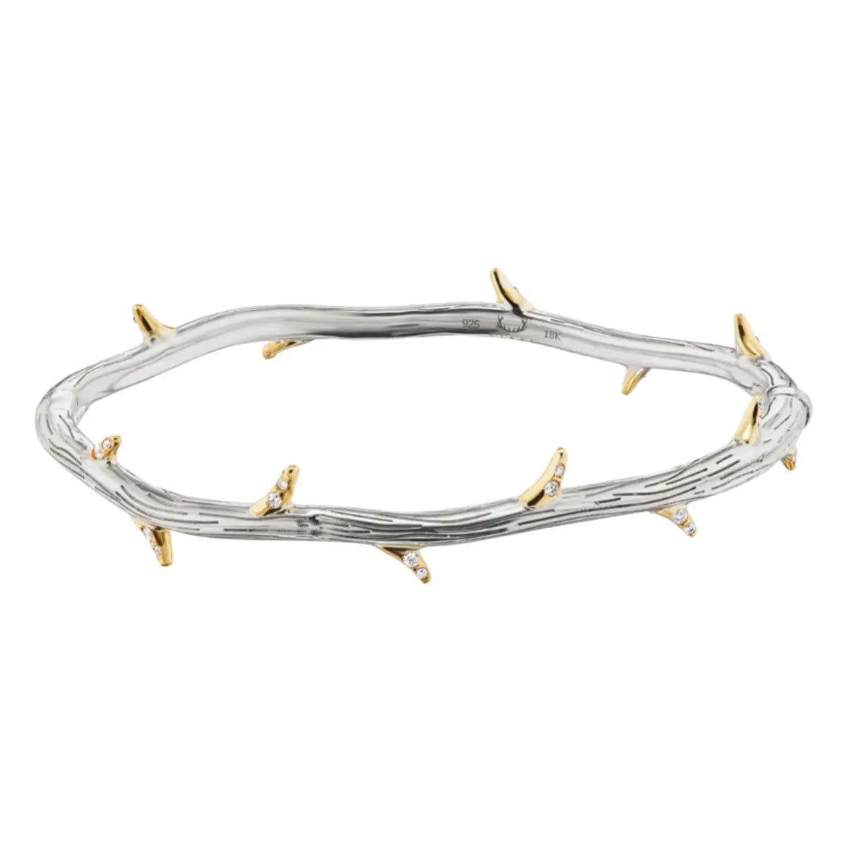 Hinged delicate bangle with 18k yellow gold and diamond thorns with significant carat weight and slightly organic shape.  Designed by Feral Jewelry