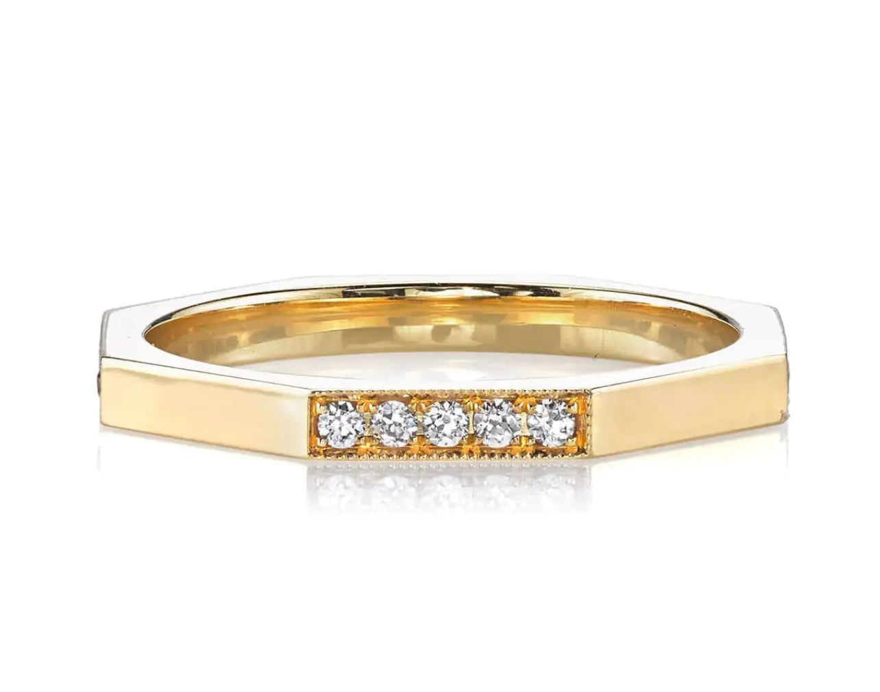 18k yellow gold with appromixetely 0.20ctw old European cut diamonds set in a handcrafted sectional octagonal band.   Designed by Single Stone and handmade in LA