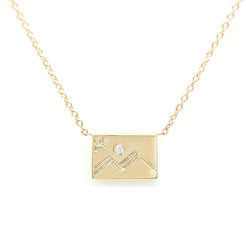 14K Yellow gold and white diamonds mountain post charm necklace  Length: 16" chain  Charm measures 7.5mmx5mm  Designed Aili Jewelry14K Yellow gold and white diamonds mountain post charm necklace  Length: 16" chain  Charm measures 7.5mmx5mm  Aili Jewelry is made in New York City from recycled metals provided by sustainable certified companies and conflict free diamonds.