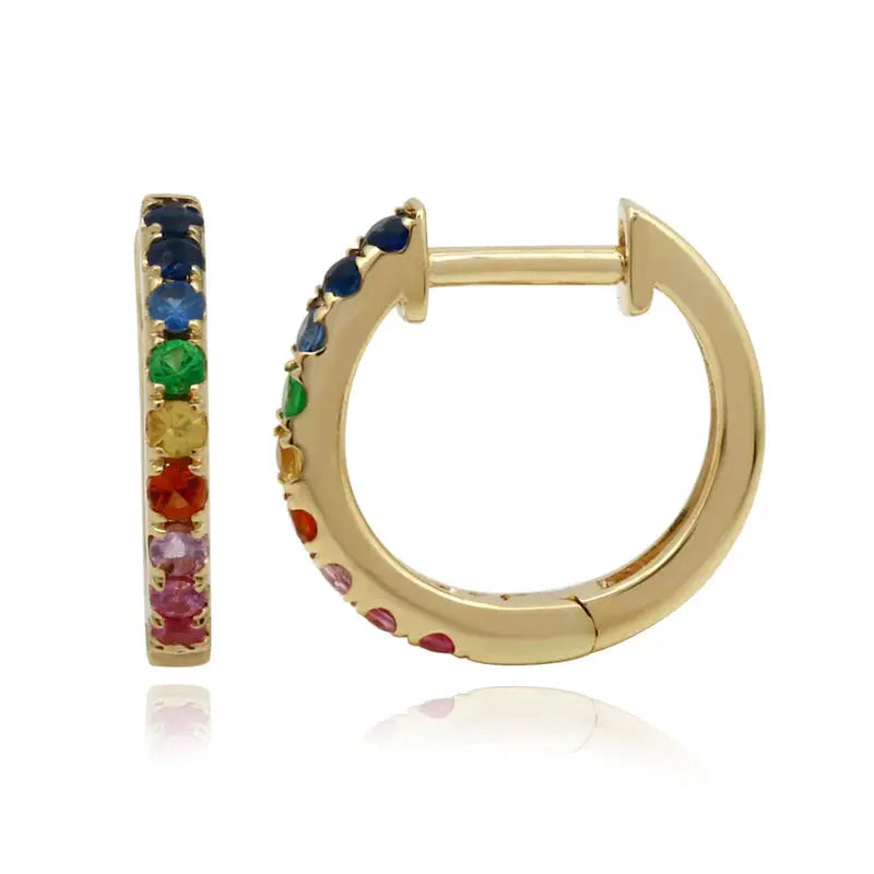 14k yellow gold with multi-color sapphire with 18 stones. The weight is 1.30g.   Sold as a pair.