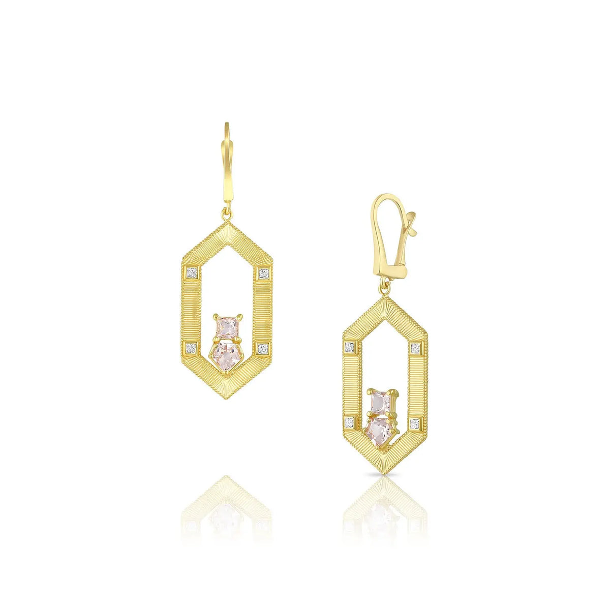 Custom cut morganite stones stack neatly together in the bottom of this diamond embellished hexagon.  Texture gold covers both the front and back for a beautiful 360 degree view.  Set in 18k yellow gold, these earrings are perfect for day and night.