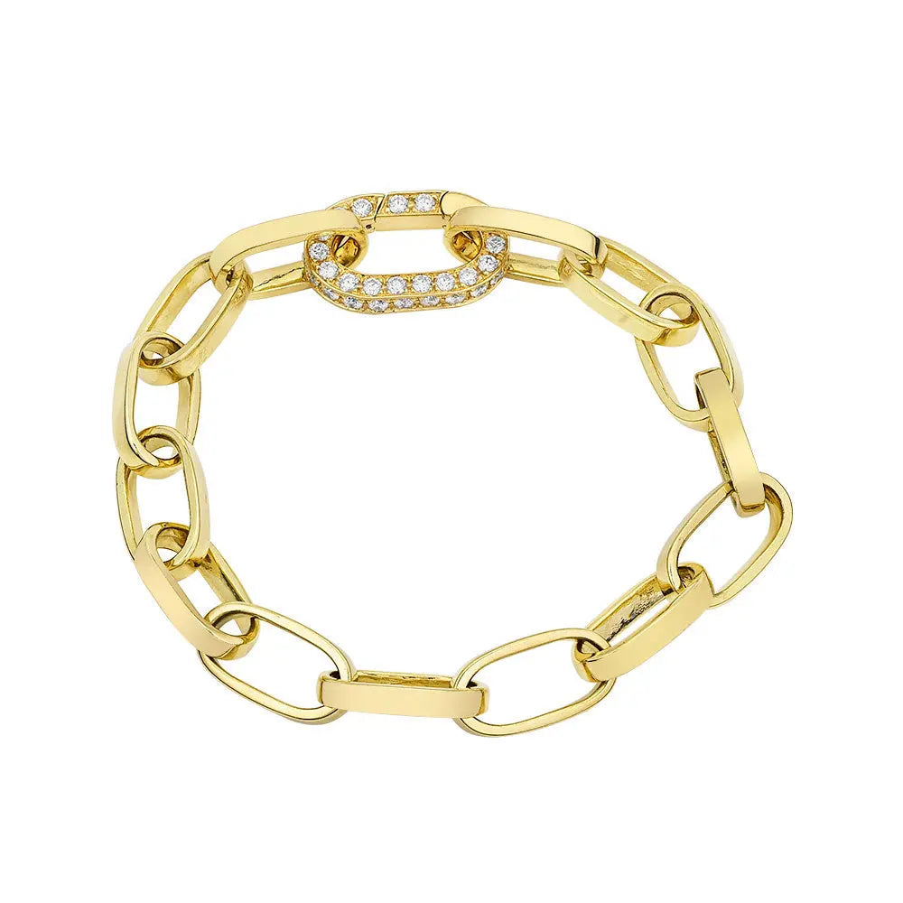 18k Yellow gold link bracelet with clasp of 1.5 carats of white diamonds.  18k Yellow gold link bracelet  Designed by Feral Jewelry