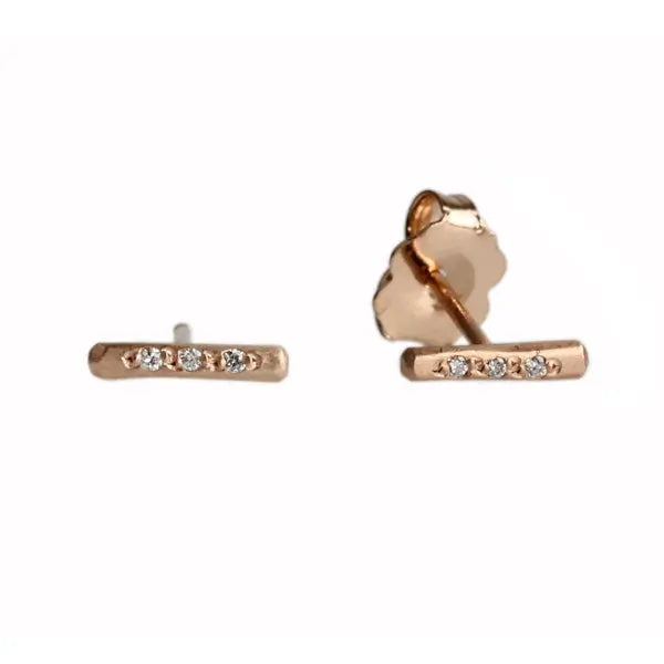 14k rose gold earrings with 3 tiny bead-set diamonds. Satin finish.