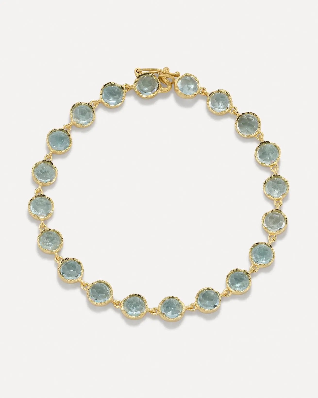 18k yellow gold with faceted aquamarines.   Fine aquamarine 7 inches in length Designed and handmade in Los Angeles