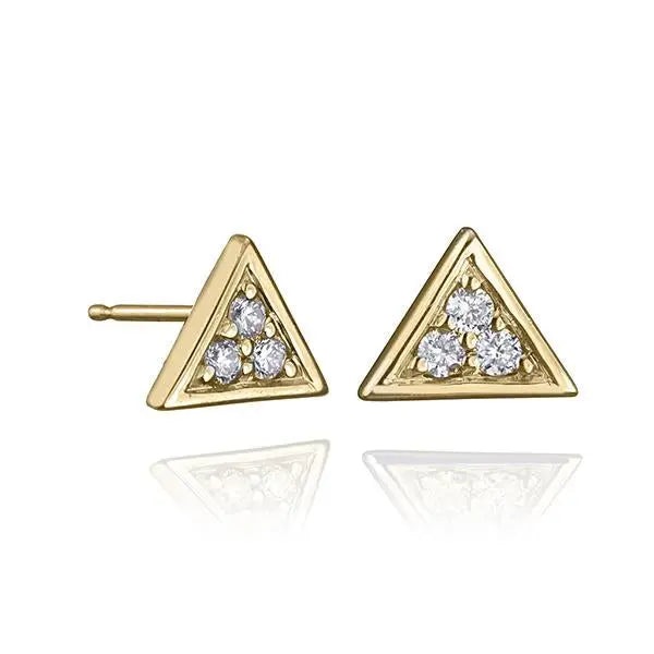 Diamond triangle stud in 14 karat yellow solid gold.  Sold as a pair  Handcrafted with love in Canada Diamonds 3pts If an item is out of stock, please allow 3-6 weeks for delivery