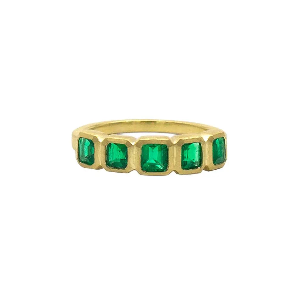18K yellow gold five stone geo bezel band with asscher cut emeralds weighing approximately 1.50ctw (large).   Ring Size 6.5  If you need a different size, please email shop@sbvail.com  Designed by Samantha Louise