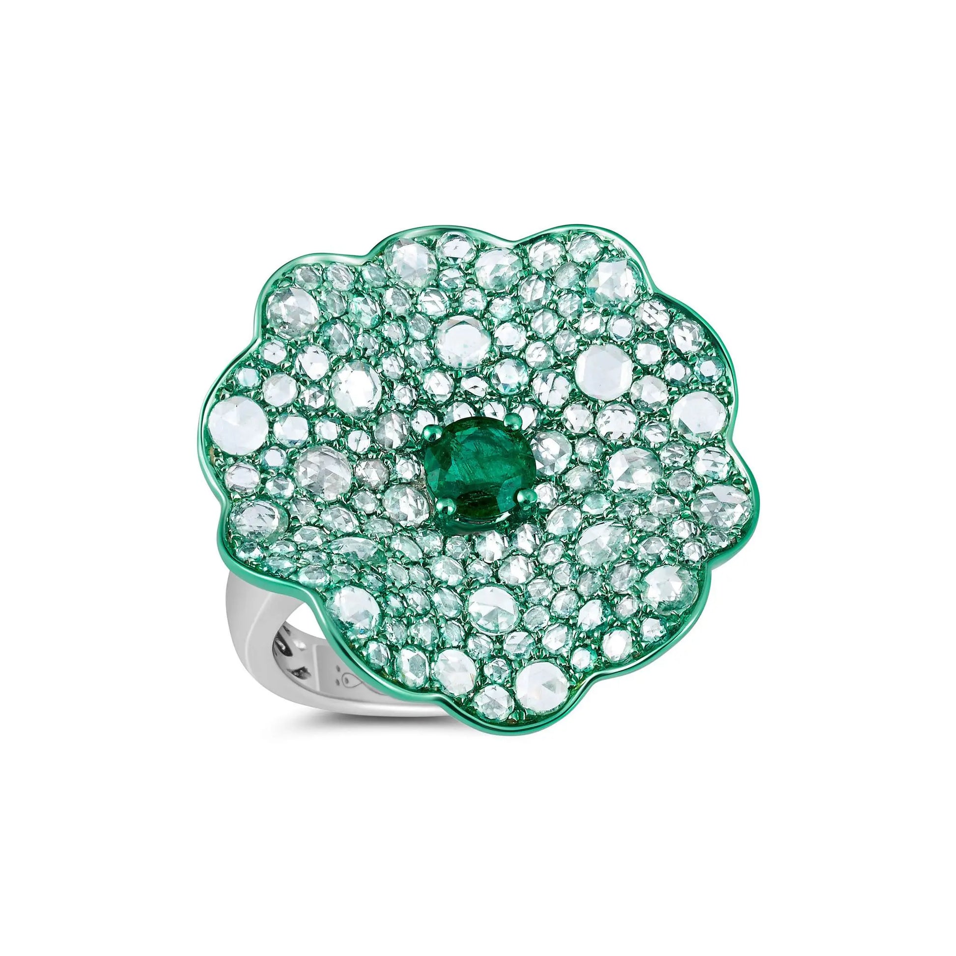 Emerald and Diamond Green Rhodium Flower Ring - Squash Blossom Vail