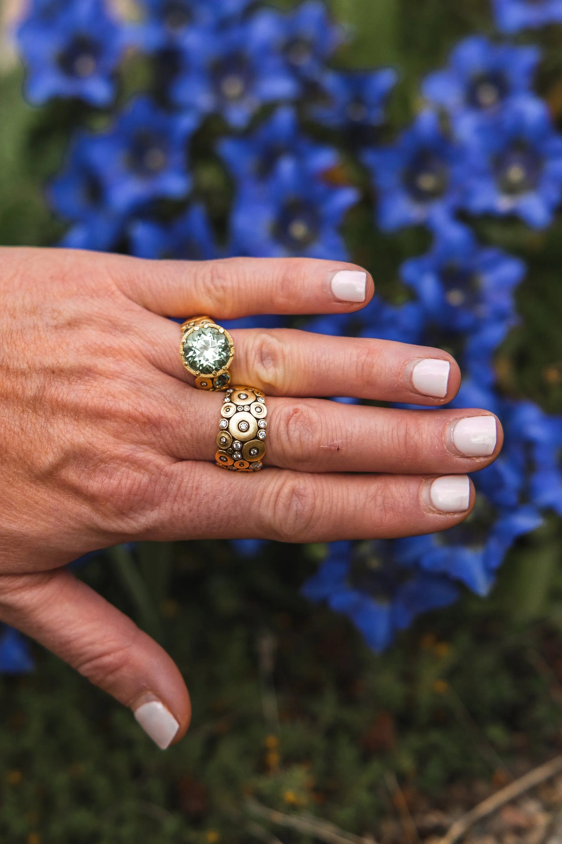 A couple of great stacking rings and center stone rings. 8k yellow gold and white diamond "Ocean" Ring  Details: White Diamonds .37ct Designed by Alex Sepkus