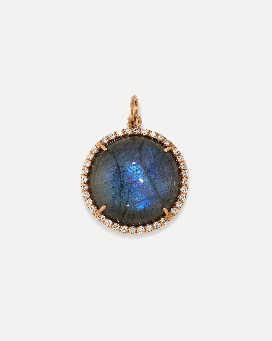 18k Rose Gold Labradorite Cabochon and diamond pave with chain.   18k rose gold pendant featuring a large labradorite cabochon surrounded with diamond pavé. Includes a the signature oval link chain.  Chain Length: 18 inches   Designed by Irene Neuwirth and made in Los Angeles