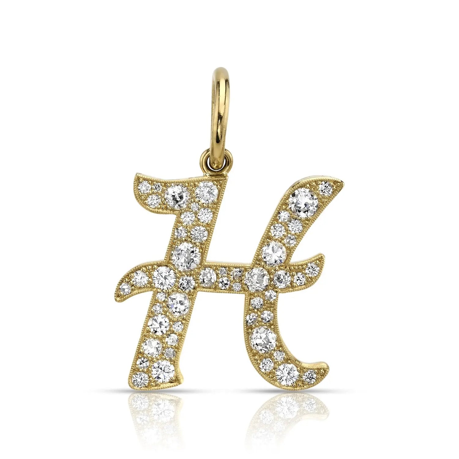 1.83ctw old European, Old Mine, Single and Round Brilliant cut diamonds set in a handcrafted 18K yellow gold letter "H" pendant. Letter is approximately 1" tall.