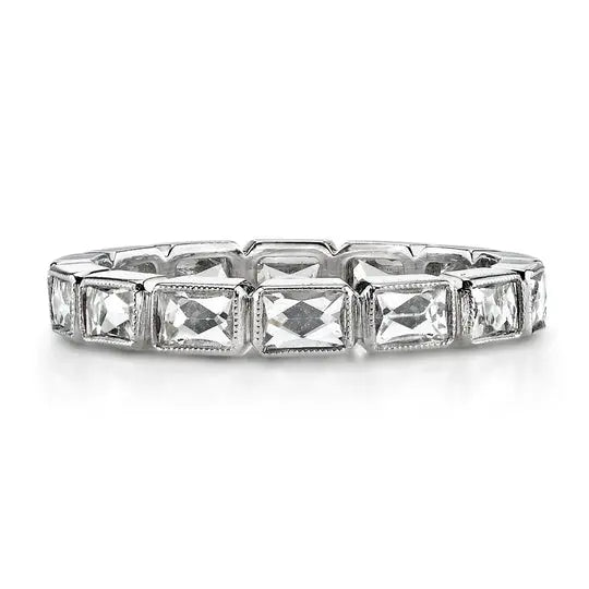 The large julia is a great addition to any stack or on it own. This band have ~Approximately 1.30-1.60ctw G-H/VS French cut diamonds bezel set in a handcrafted eternity band. This band is platinum and is a size 6. If you need a different size, please email shop@sbvail.com.