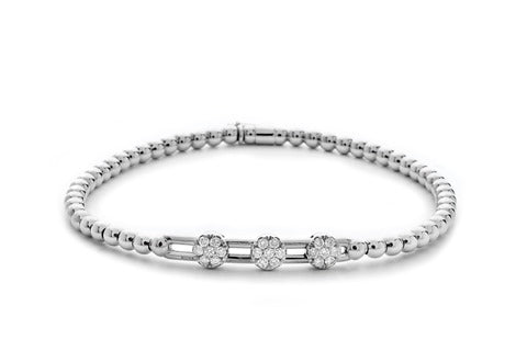 18KW Stretch Bracelet with 3 Pave Sliders .19ct Diamonds - Squash Blossom Vail