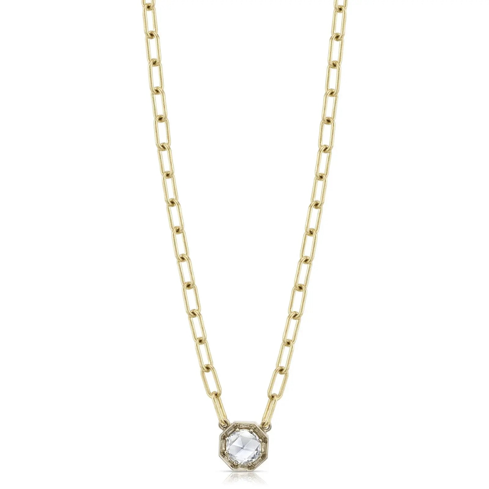 Diamond Summer Necklaces with .68 ISI1  GIA certified Rose cut diamond set in a handcrafted 18K champagne gold pendant. Pendant is set on a handcrafted 18K yellow gold bond chain.  Necklace measures 17".  Designed by Single Stone