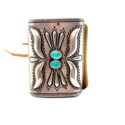 Vintage One of a Kind Sterling Silver and Turquoise Bowguard on Leather  Signed and dated around the 1900s  NOTE: Please bear that in mind that, when you purchase vintage, it might not be perfect, but it will be authentic. Please contact shop@sbvail.com if you have additional questions about the nature and condition of the product.
